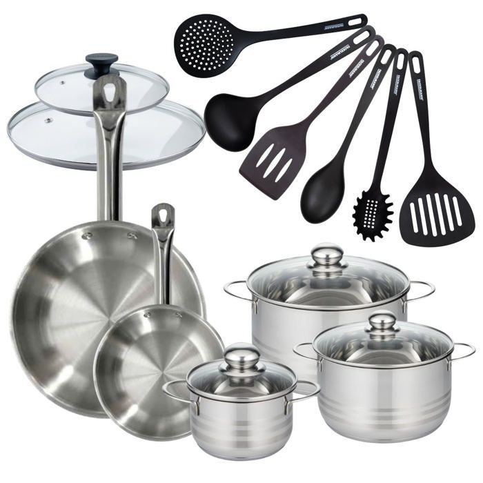 Batterie de cuisine 2 poêles 20/28 cm et couvercles 3 faitouts 16/20/24 cm et 6 ustensiles Fackelmann Eterna