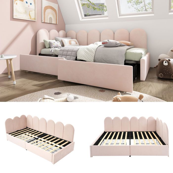 Lit coffre 1 place - SOGEU - Lit capitonné - 90 x 190 cm - Velours rose - 2 tiroirs de rangement