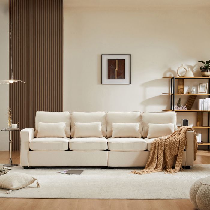Canapé 4 places moderne 264 x 83 x 87cm canapé droit de Salon avec 4 coussins et poches latérales dossier rembourré Lin Beige