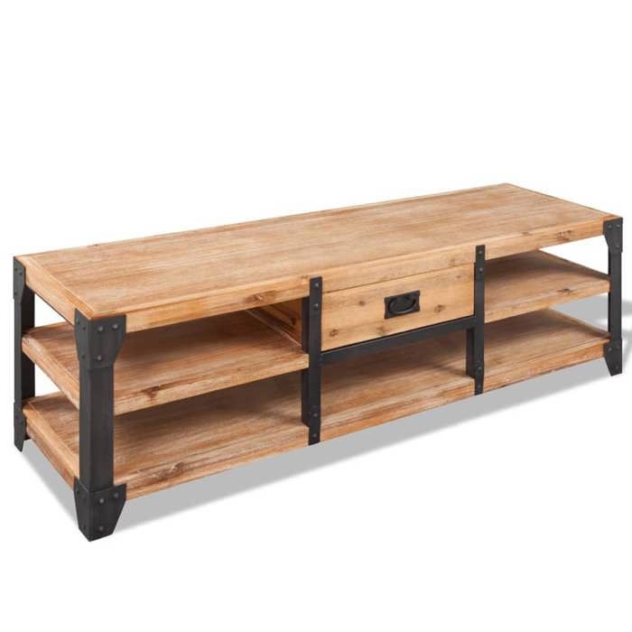 Meuble TV bois dacacia - JILL - 140x40x45 cm - Marron et noir - Bois dacacia massif - Finition brossée