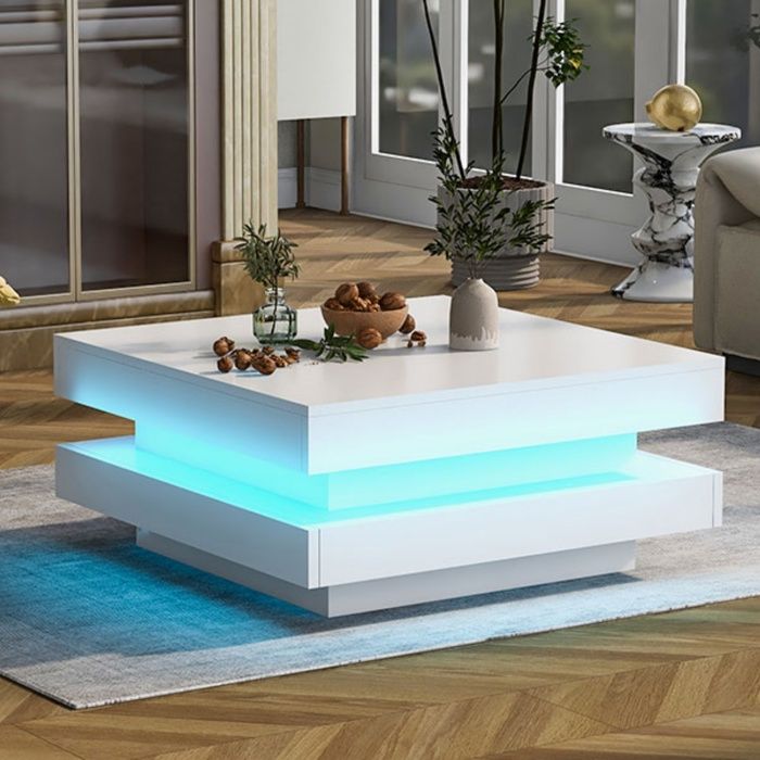 Table Basse Carrée Blanche - Style Moderne et Technologique avec Barre LED Bluetooth 70x70x36cm Charge Maximale 45 kg
