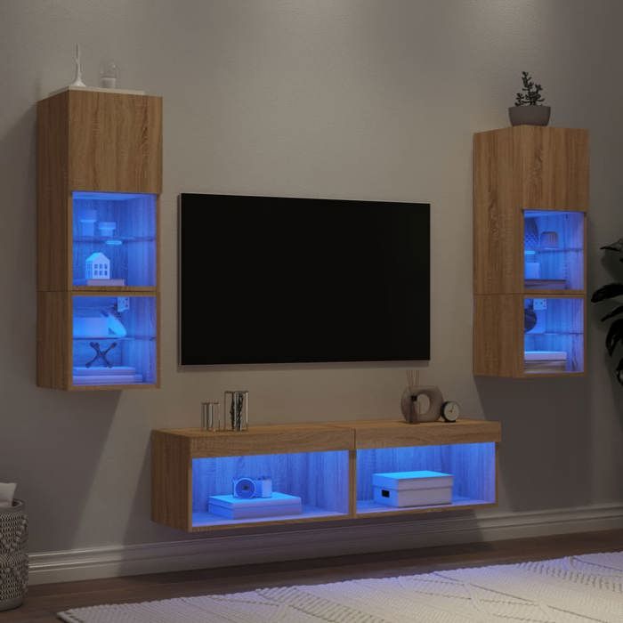 NEW 2026 LED Unités murales TV lot de 6 Meubles TV Moderne chêne sonoma bois dingénierie 30x28.5x30 cm L6980