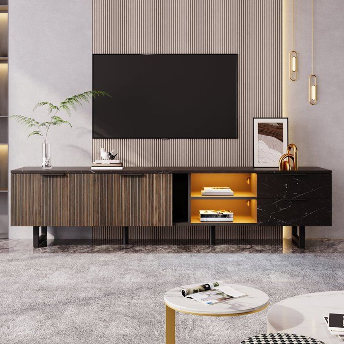Meuble TV avec Eclairage LED Réglable Meuble Télé avec Aspect Marbre 2 Tiroirs 2 Portes et Compartements 200x38x50cm Noir et Marron