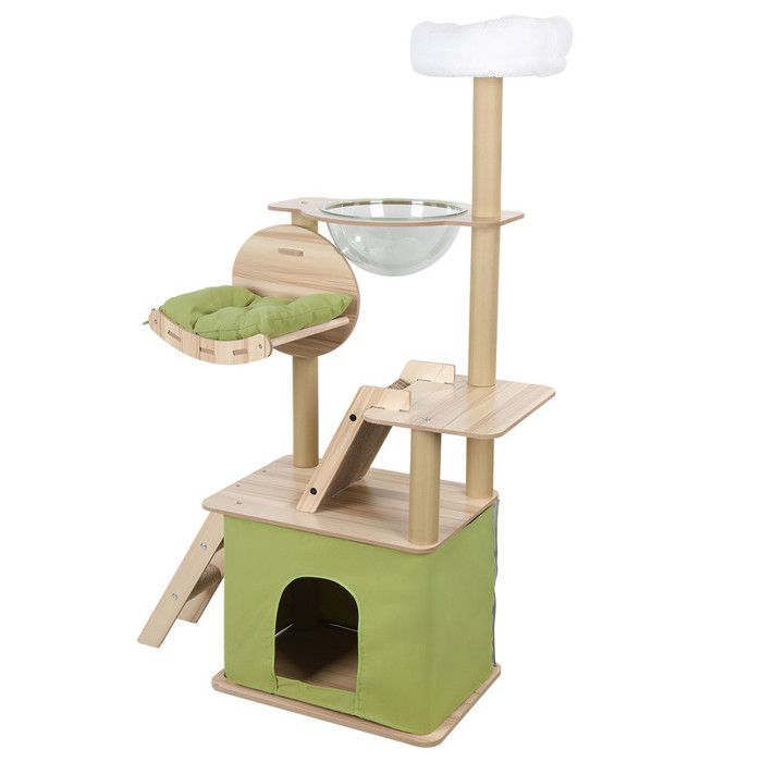 Comparer les prix de Arbre à chat 145 cm – FIANAO – Bois – Griffoirs sisal – Capsule transparente – Hamac – Plateformes – Balle suspendue