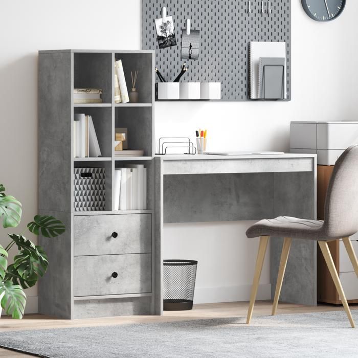 vidaXL Bureau avec tiroir avec étagère avec stockage 2 pcs Gris béton 3337324
