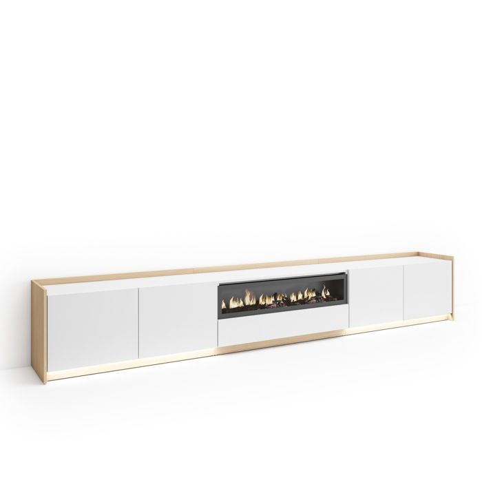 Meuble TV Banc Télé 310x37x50cm Pour les TV jusquà 80 Cheminée électrique LED Blanc et Chêne Soft RF4878 Meuble TV Banc Télé 310x37x50cm Pour les TV jusquà 80 Cheminée électrique LED Blanc et Chêne Soft RF4878