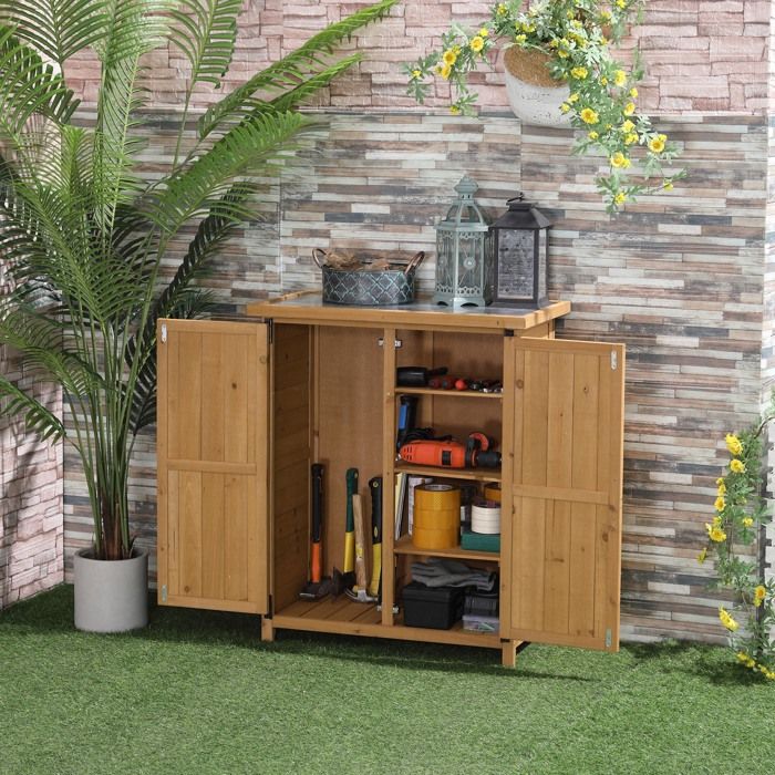 MOTHINESSTO3666-Abri de jardin armoire de jardin 3 étagères 2 portes toit en tôle galvanisé étanche bois sapin 75 x 40 x 90 cm jaune