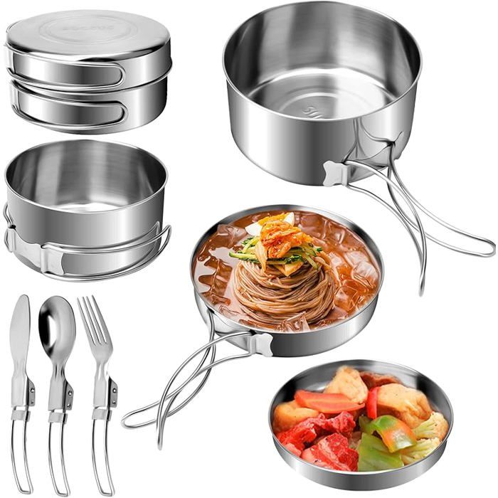 Kit de Casseroles de Camping 7 Pcs Cuisine de Camping en Acier Inoxydable Pliable pour 1-2 Personnes Kit de Cuisine de Cam POPOTE