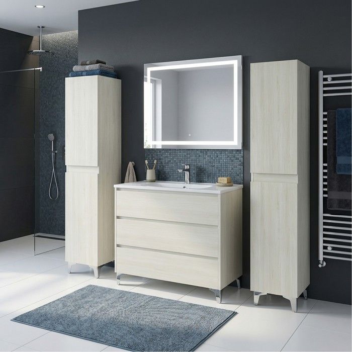 Ensemble meuble vasque L.100cm + 2 colonnes sur pied 3 tiroirs Chêne blanchi LISBONA