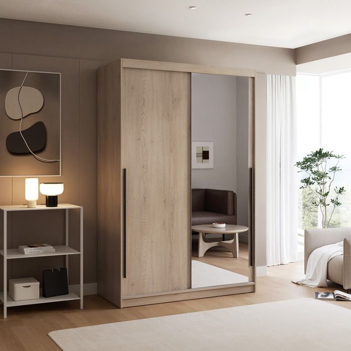 Armoire SILENTE 140 cm - avec miroir - LED - portes coulissantes - Chêne de Crémone