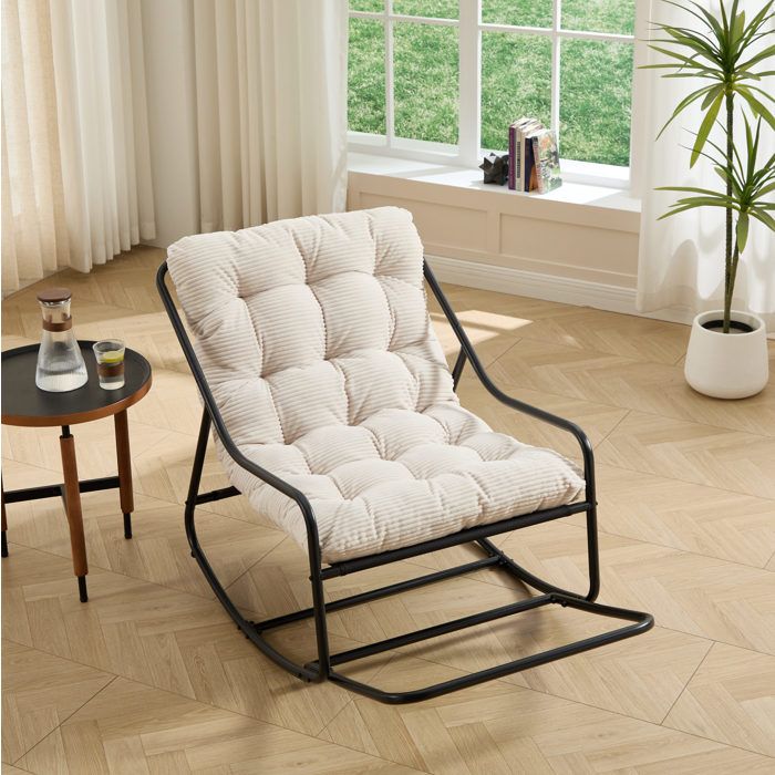 Fauteuil à bascule 75x116x82 cm EVRYAE - coussin épais mouvement réglable avec corde fixe - Blanc
