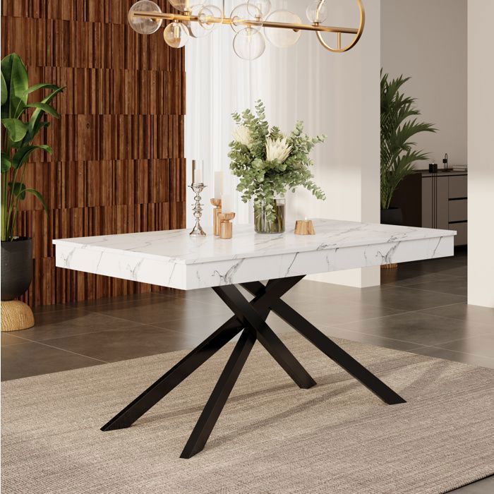 Table à manger extensible - rectangulaire - 140-180cm - 6 - 8 personnes - plateau épais - pieds en métal - Texture marbré Blanc