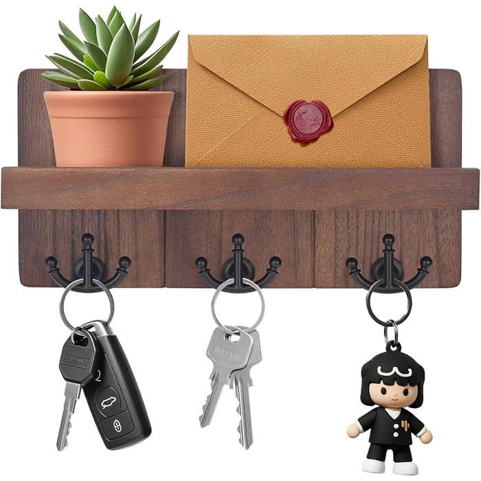 Porte Clef Mural Porte Clés Mural en Bois Avec 3 Crochets à Clé Doubles Boite a Clef Decorative pour Salon Salle Brun02