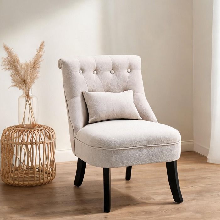 Fauteuil relaxation en lin look vintage structure bois massif coussin lombaire pour salon et chambre blanc cassé 77 cm