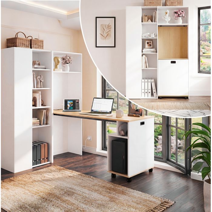 DESVIAE Bureau pliable avec bibliothèque 2-en-1 prise EU et USB étagères réglables blanc décor bois