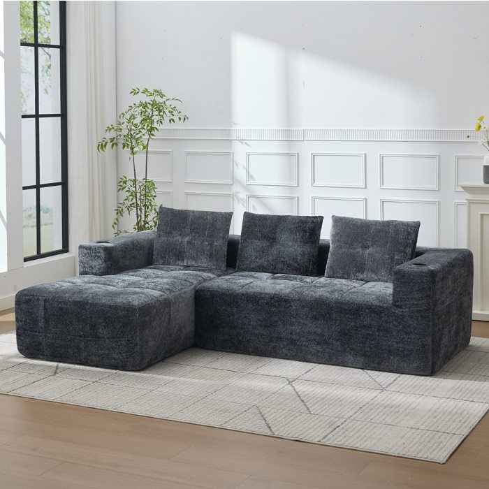 Canapé dangle compressé AESVAR 3 places en chenille grise avec 3 coussins et porte-gobelets