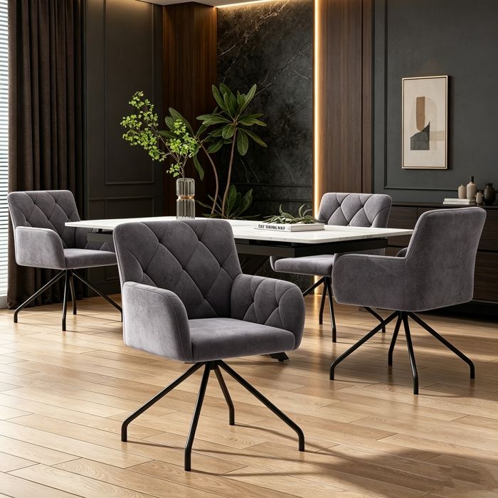 Chaises de Salle à Manger Lot de 4 Motif de Diamant Fauteuil Rembourrées à 4 Pieds en Métal Chaise de Cuisine Moderne Velours