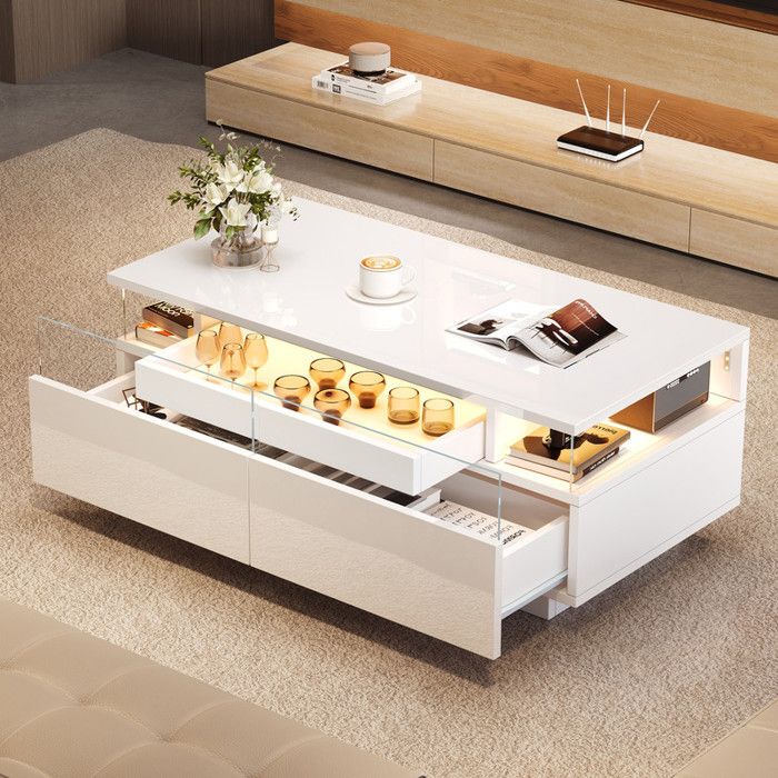 Table basse avec lumière LED 90x45x35.5cmTable basse brillance pour salonavec 2 tiroirsverre trempé Table basseblanc