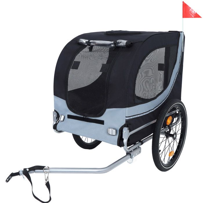 SENVIRO remorque velo pour chien 125 x 68 x 92 cm jusqu a 40 kg tissu Oxford cadre en acier housse de pluie PVC noir et gris