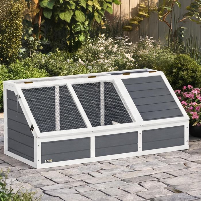 Enclos extérieur pour tortues en bois de sapin 2 zones couvercle ouvrable 120 x 55 cm gris clair