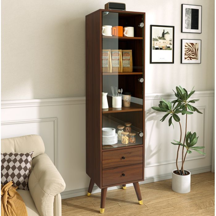 Vitrine avec 1 Porte Vitrée 3 Étagères Réglables et 2 Tiroirs Push-to-Open - TCQPZ - pour Salon - MDF - Noyer
