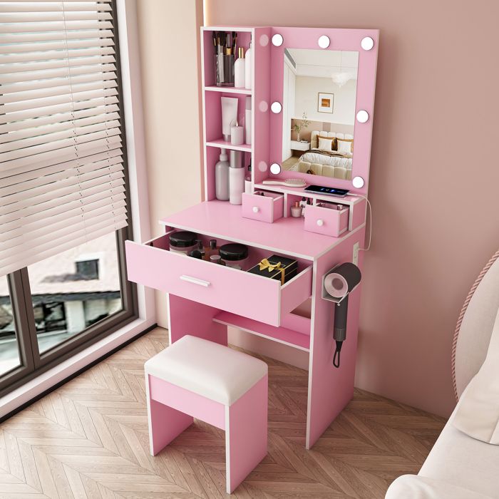 Coiffeuse compacte 60x38x131 5 cm avec miroir LED prise support sèche-cheveux 3 tiroirs tabouret rose