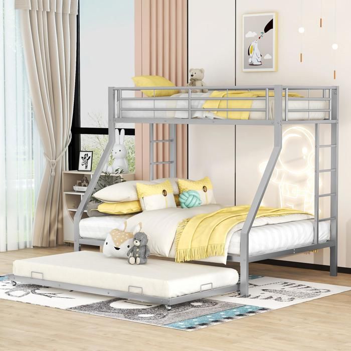 Lit superposé enfant - Argent - 3 places - Métal - 90/140 x 200 cm - Lit gigogne - Barrières de sécurité -Certifié EN747