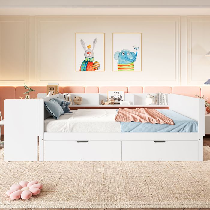Lit combiné 140 x 200 cm AESVAR avec bureau 2 tiroirs et 3 étagères pin et panneau de particules blanc