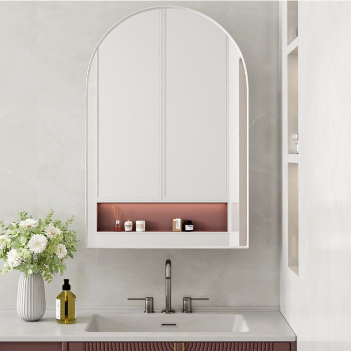 Armoire à pharmacie miroir arquée AESVAR en métal blanc étagères réglables pose murale ou encastrée