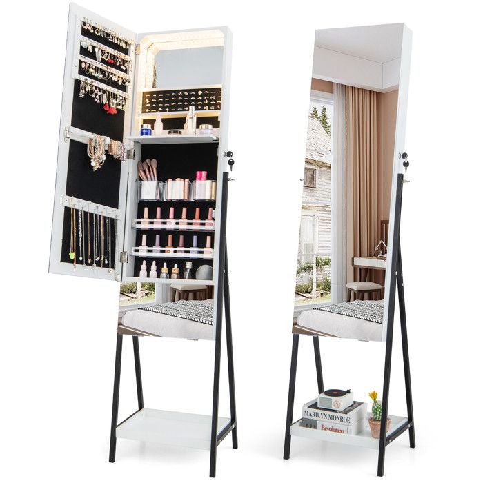 Grand rangement armoire à bijoux avec miroir plein pied organisateur verrouillable LED 3 couleurs