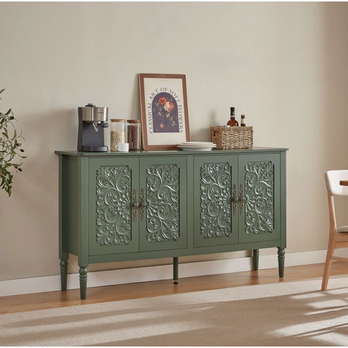 MEUBLIV Buffet bas vintage vert à 4 portes grand rangement coins arrondis et relief sculpté