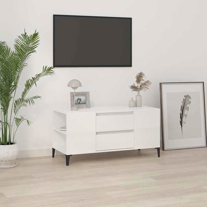 Meuble HIFI - Meuble TV Blanc Brillant 102 x 445 x 50 cm en bois dingénierie et métal avec 2 tiroirs pour Salon 489492