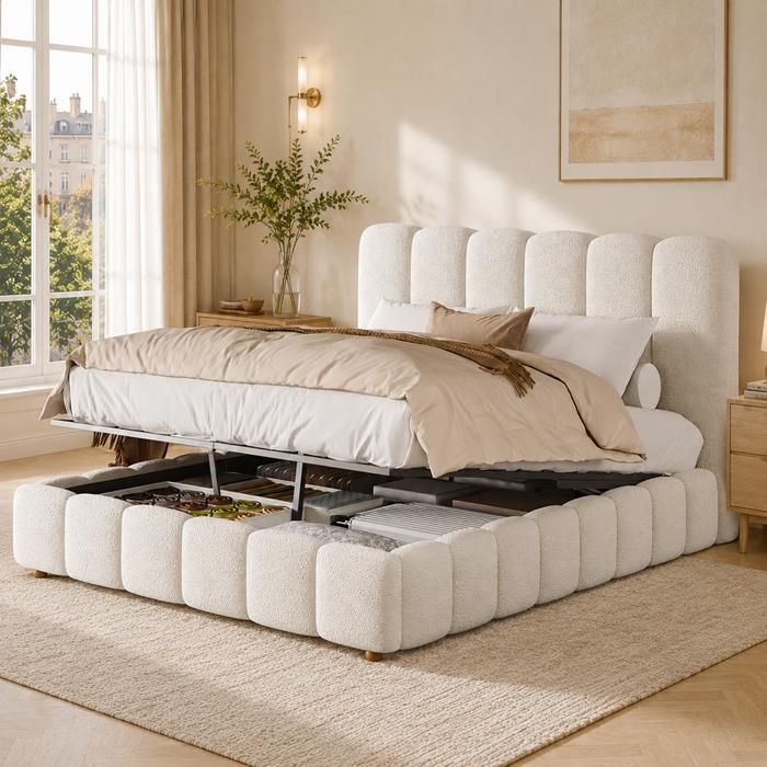 Lit coffre double 140 x 190 cm - Tête de lit rembourrée - Coffre hydraulique - Sommier à Lattes - 2 Personnes - Bouclé - Blanc