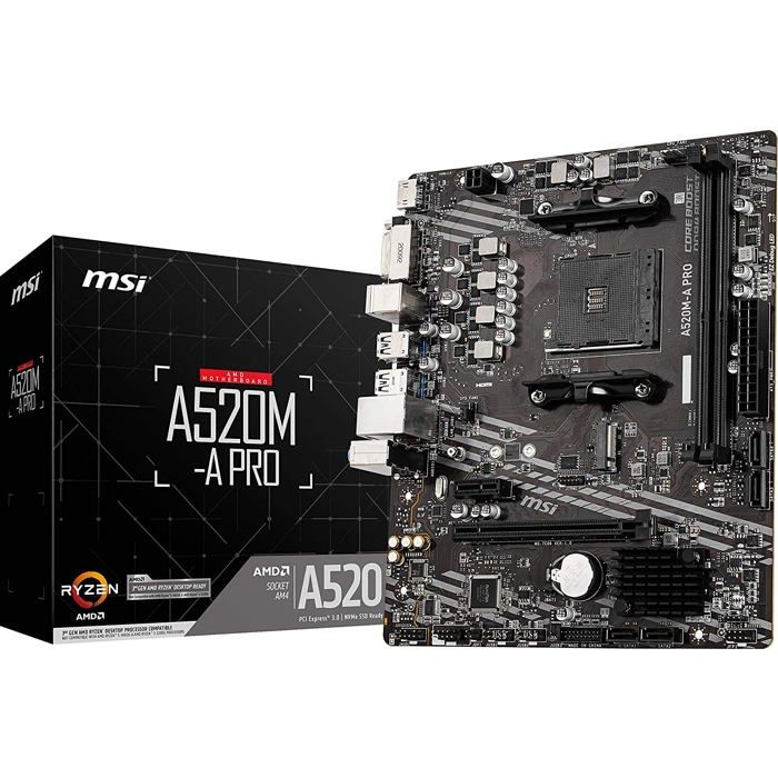 Carte mère mATX AM4 MSI Chipset AMD A520 Mémoire DDR4 Vitesse mémoire 4600 Son 7.1 Carte son Realtek ALC892