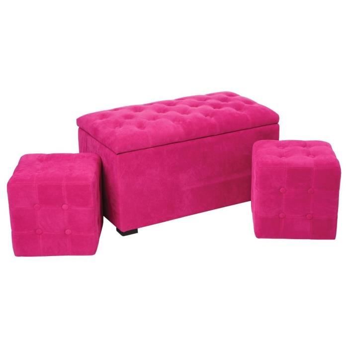 Ensemble Coffre Banquette De Rangement Et 2 Poufs Carres Rose