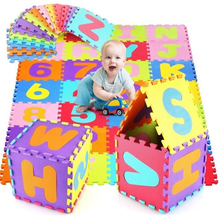 HOMFA Puzzle Tapis de Jeu Enfant en Mousse EVA, Dalle Mousse Bébé avec Certification EN71, 36 Carrés Colorés avec Lettres et Chiffre