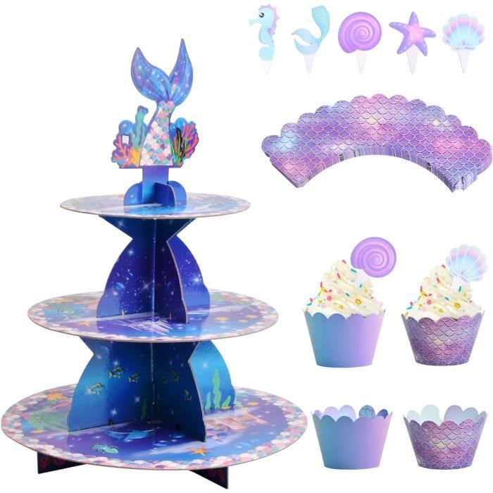 OPUHOHR Support Cupcakes 3 Niveaux Thème Sirène – Tour Gâteau Anniversaire Avec 12 Toppers, Plateau Dessert Océan, Pour Anniversaire, Baby Shower, Mariage