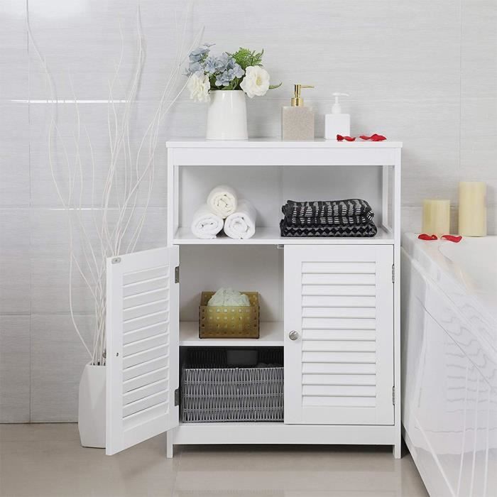 Meuble Bas De Salle De Bain Armoire Sale De Bain Avec 1 Porte A Persienne Mdf Blanc 80 60 30cm Cdiscount Maison