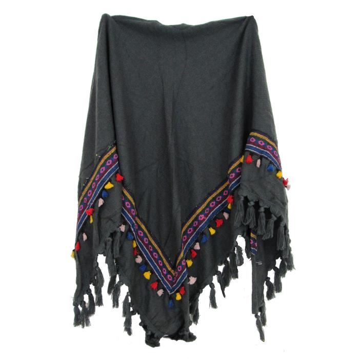 Grand Foulard Carré / écharpe Noir Et Gris Argent Avec Pompons - Neuf Sans étiquettes, Unisexe