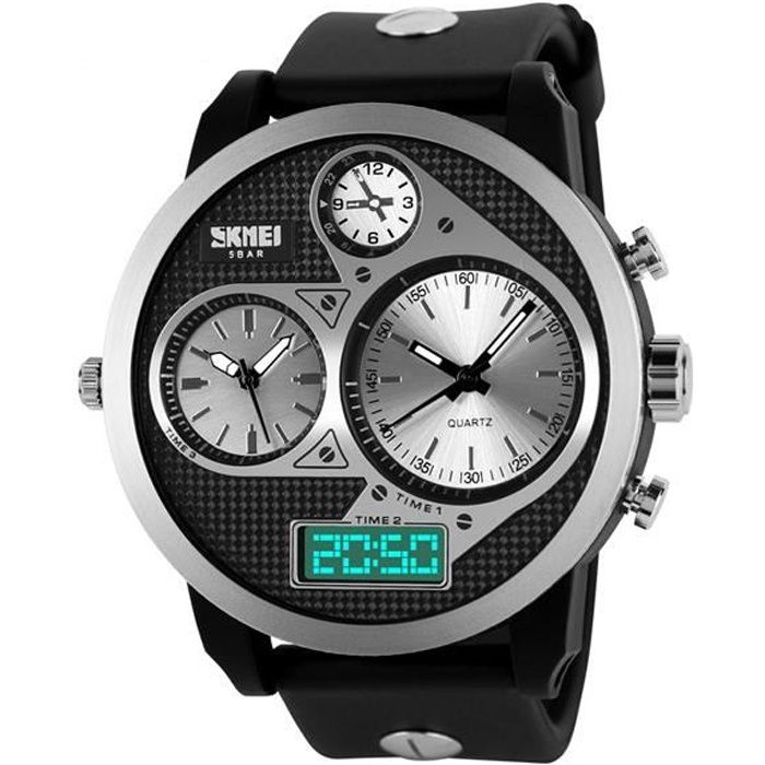 Montre GRISE GROS CADRAN Homme 3 fuseaux horaires Analogique