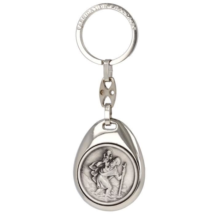 Porte-clés Saint Christophe En Métal Argenté Avec émail Bleu - Médaille De Protection Voyageurs
