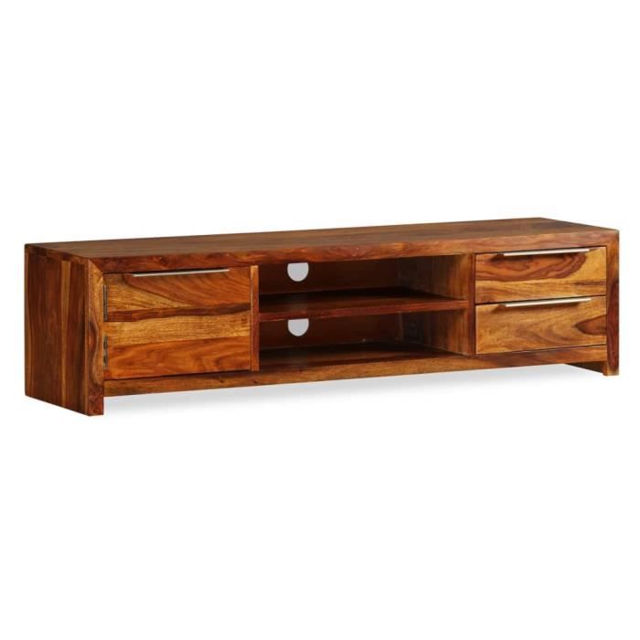Meuble TV En Bois De Sesham Massif – 140x30x45 Cm – 2 Tiroirs, 2 étagères, Portes – Style Milieu De Siècle