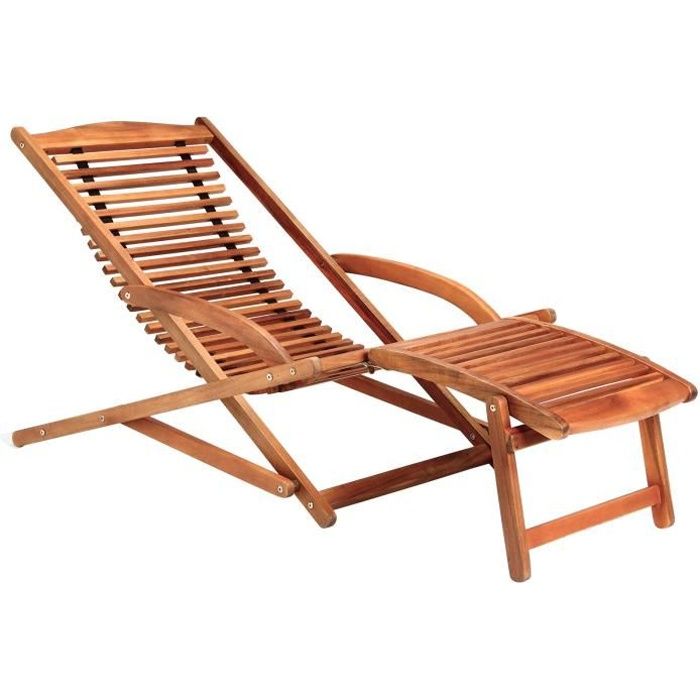 CASARIA® Chaise longue en bois d'acacia Bain de soleil ergonomique avec appui tête Transat jardin Repose pieds amovible