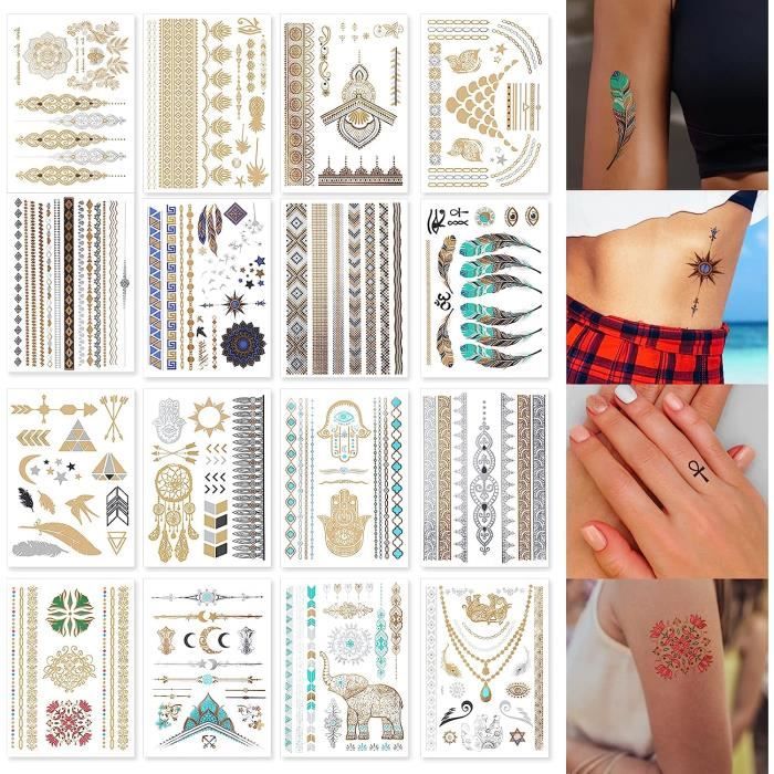 16 Tatouages Temporaires Autocollants Or Et Argent - Étanches - Pour Bracelet Et Collier Effet Métal - Neuf