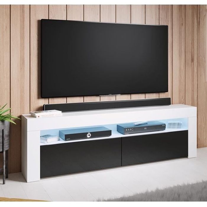 meuble tv - aker - 140 x 50,5 x 35cm - blanc et noir finition brillante - led rvb 16 couleurs