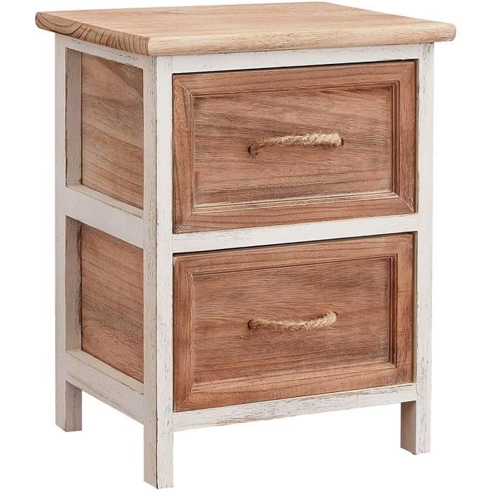 Table De Chevet Enfant ESTA - Petite Commode 2 Tiroirs Bois Paulownia Gris Blanc Arc-en-Ciel