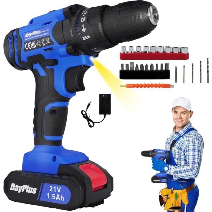 Perceuse Visseuse Sans Fil 21V 2 Batteries - 1400 Tr/min, Moteur Sans Balais, Coque