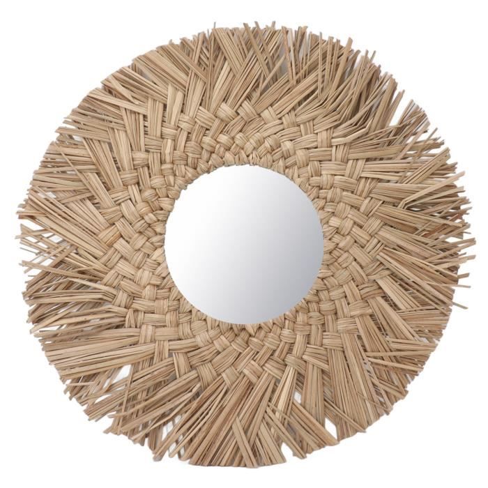 Miroir En Paille Tissée 40Cm Suspendu Avec Des Perles En Bois Pour Les