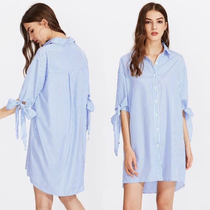 Femmes Imprimer Rayé vertical manches papillon à brodÃ Chemise Robe  fleurs@Bleu Bleu - Cdiscount Prêt-à-Porter