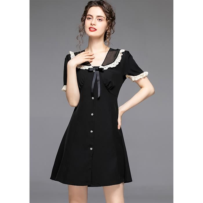 Femmes robe midi ?� manches courtes nouvel ?�t?� 2020 une ligne avec noeud noir bureau dame Noir 